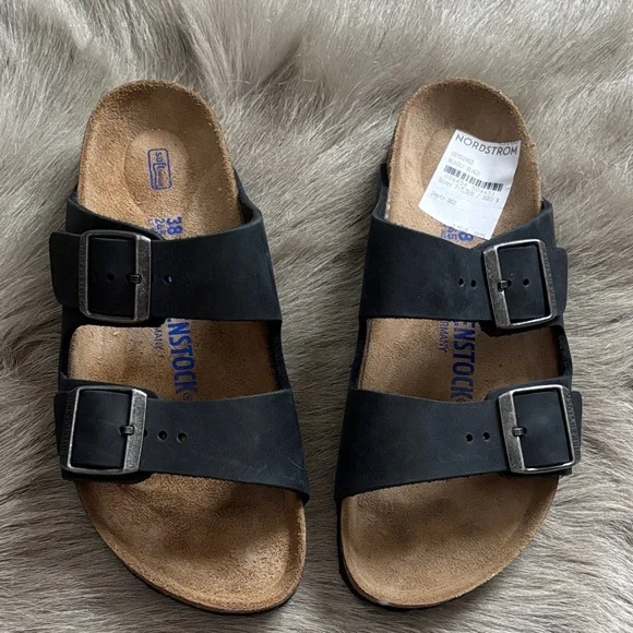 NEW Birkenstock Arizona black oiled leather sandals soft footbed 38 narrow - Picture 1 of 7